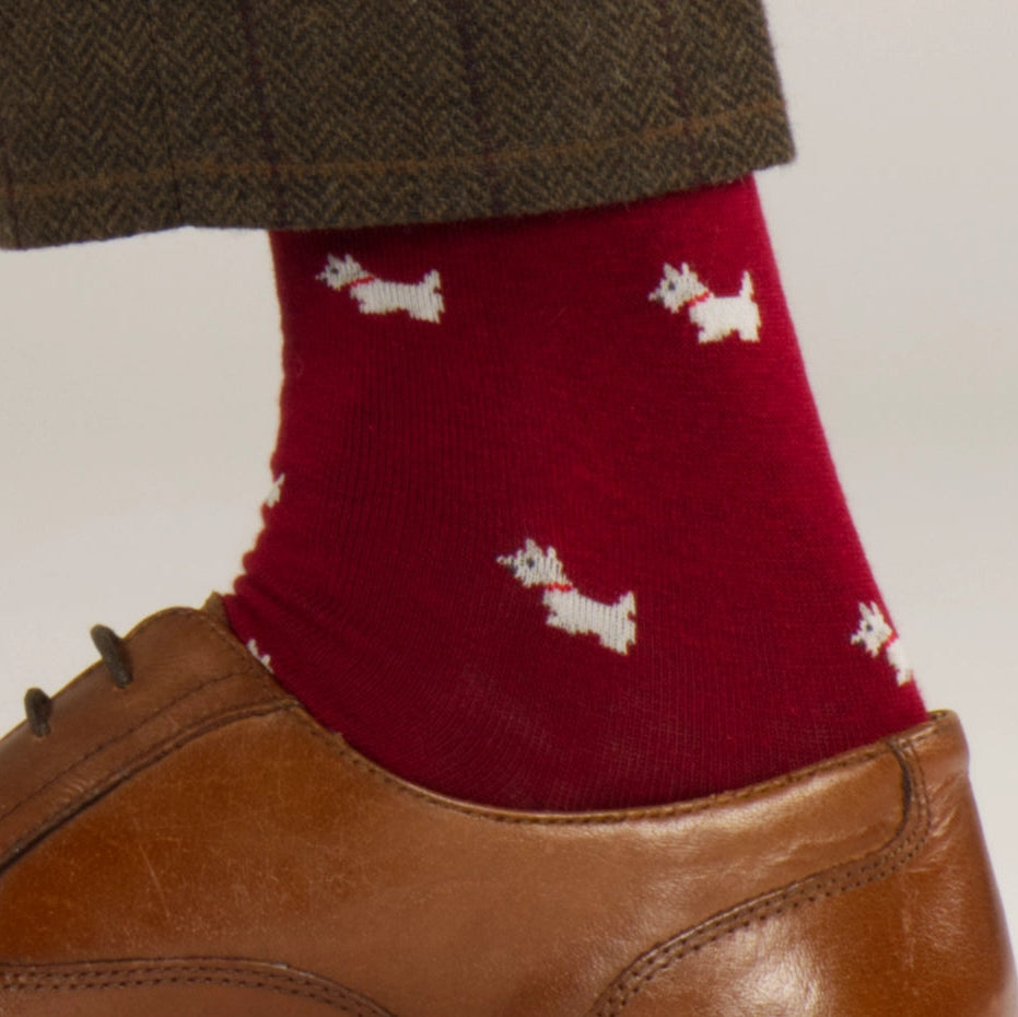 red scottie dog socks brown tweed trousers brown leather shoes