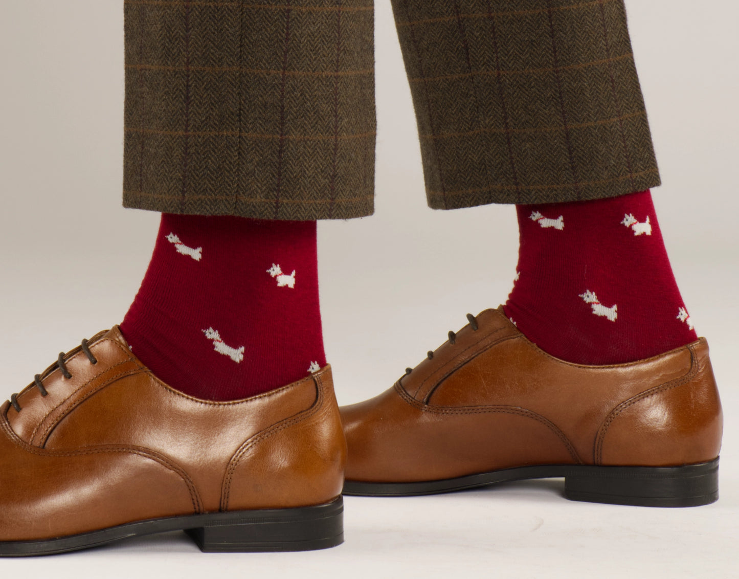 red scottie dog socks brown tweed trousers brown leather shoes