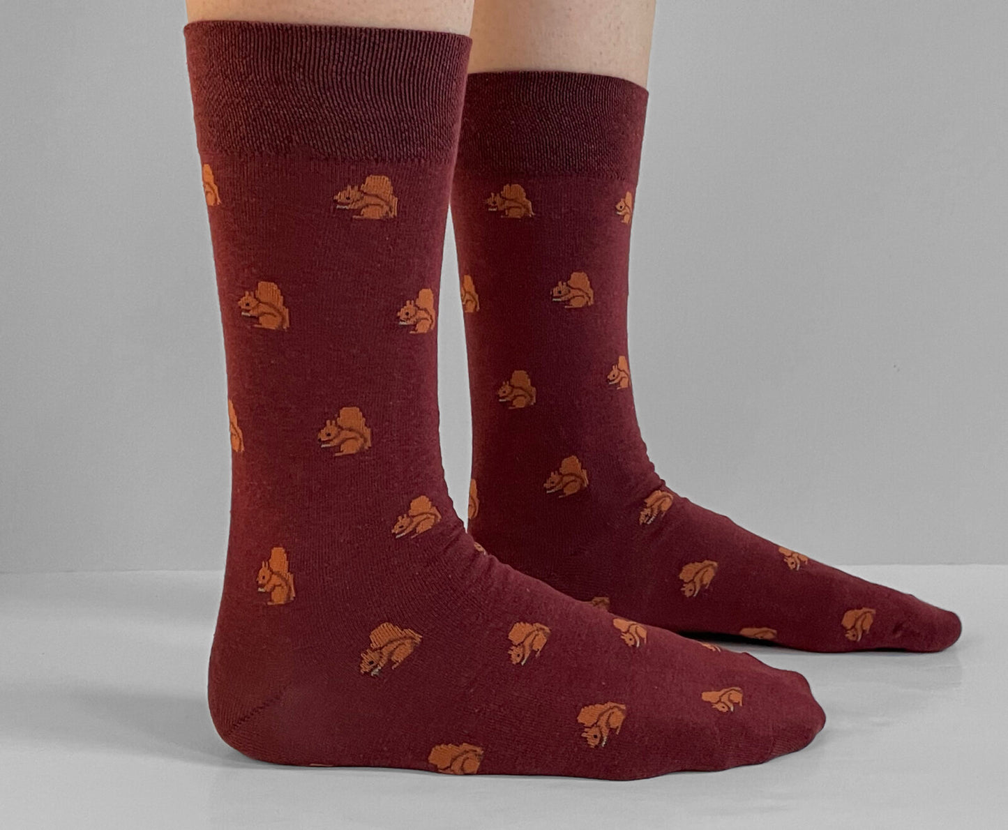 red squirrel socks on feet