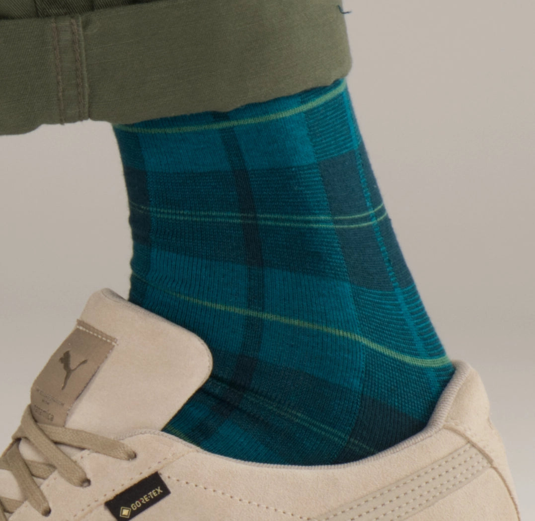 green tartan socks on model unique gift for him men plaid checked