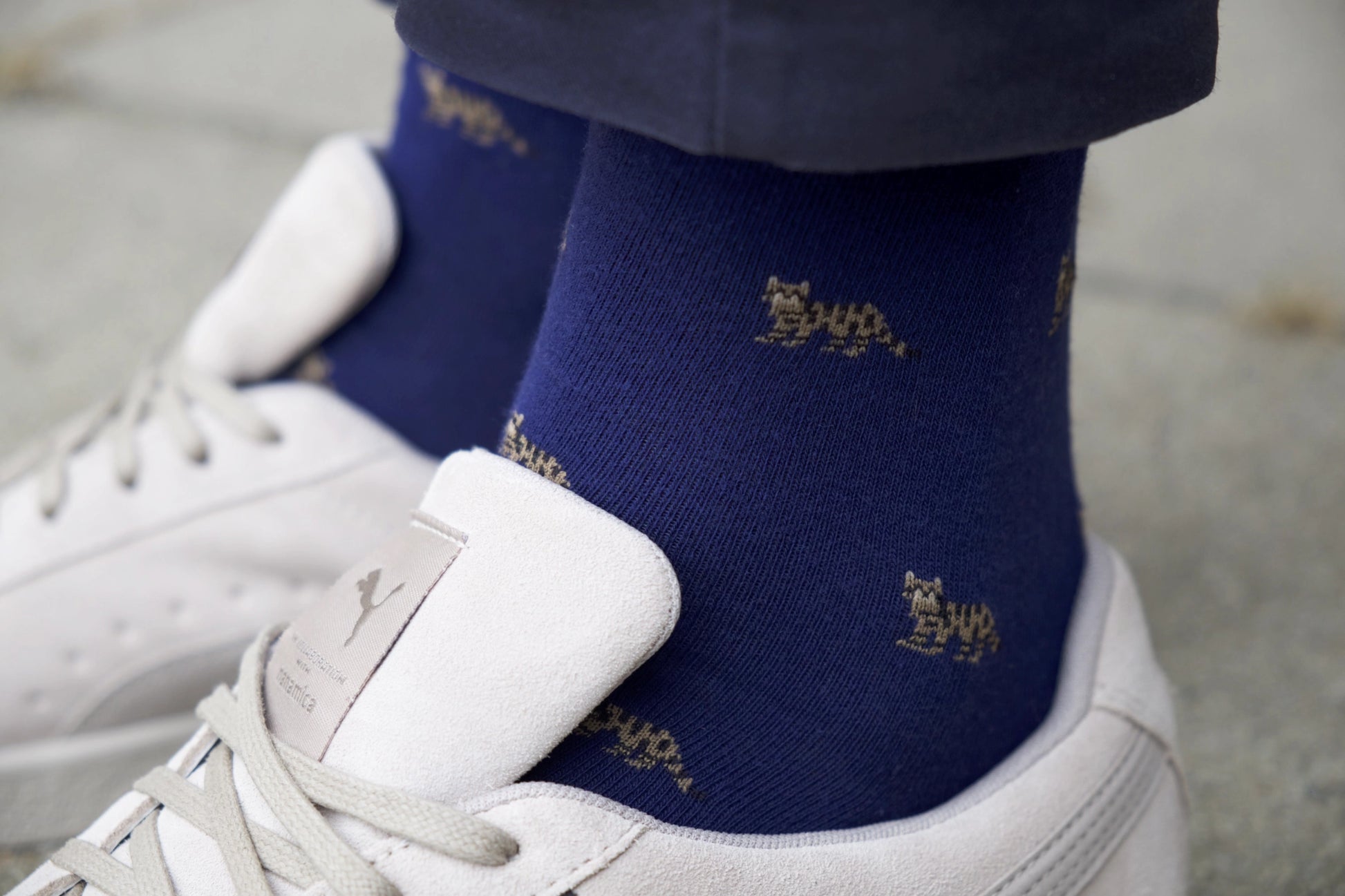 wild cat blue animal socks on model feet